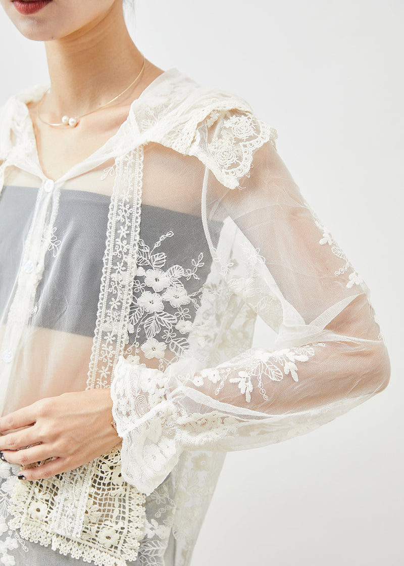 White Hooded Embroideried Patchwork Tulle Upf 50+ Coats Fall