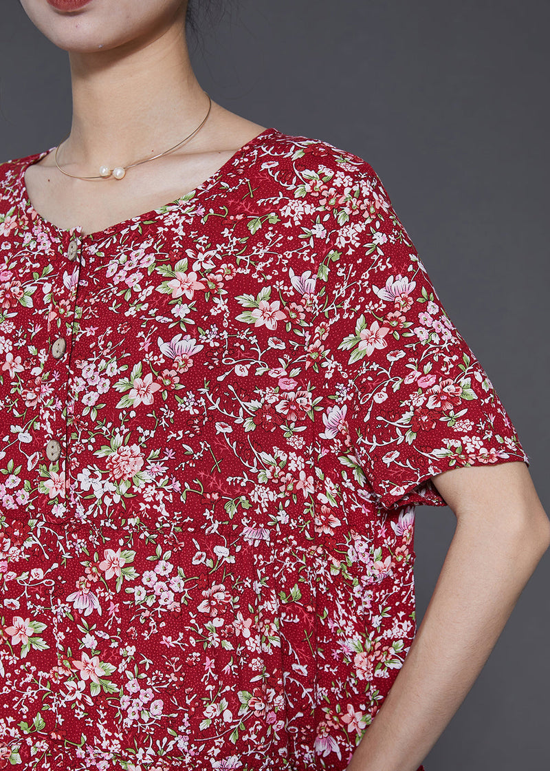 Red Ruffled Print Exra Large Hem Cotton Holiday Dress Summer