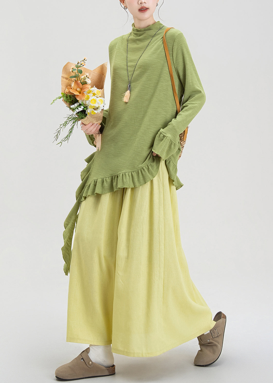 Green Ruffled Asymmetrical Cotton Two Piece Set Fall