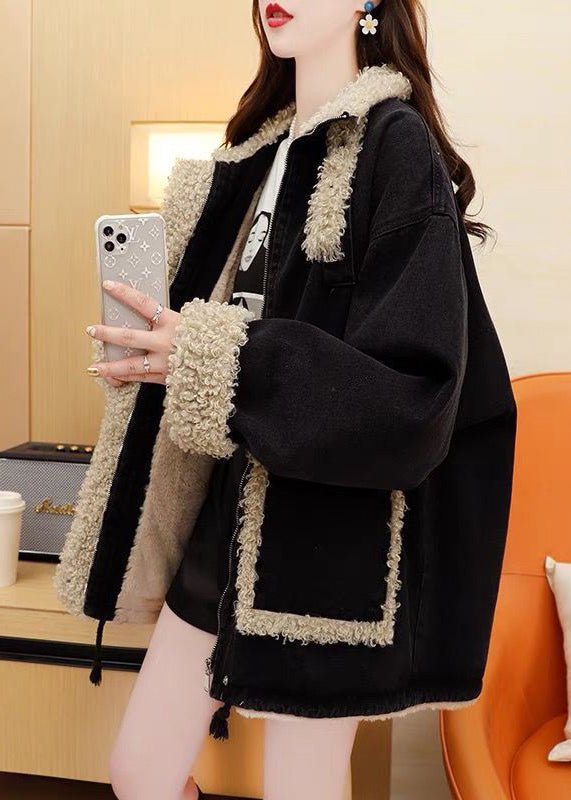Black Zippered Pockets Patchwork Warm Fleece Coats Long Sleeve