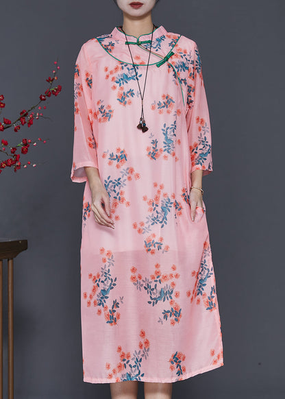Pink Print Oriental Linen Holiday Dress Summer