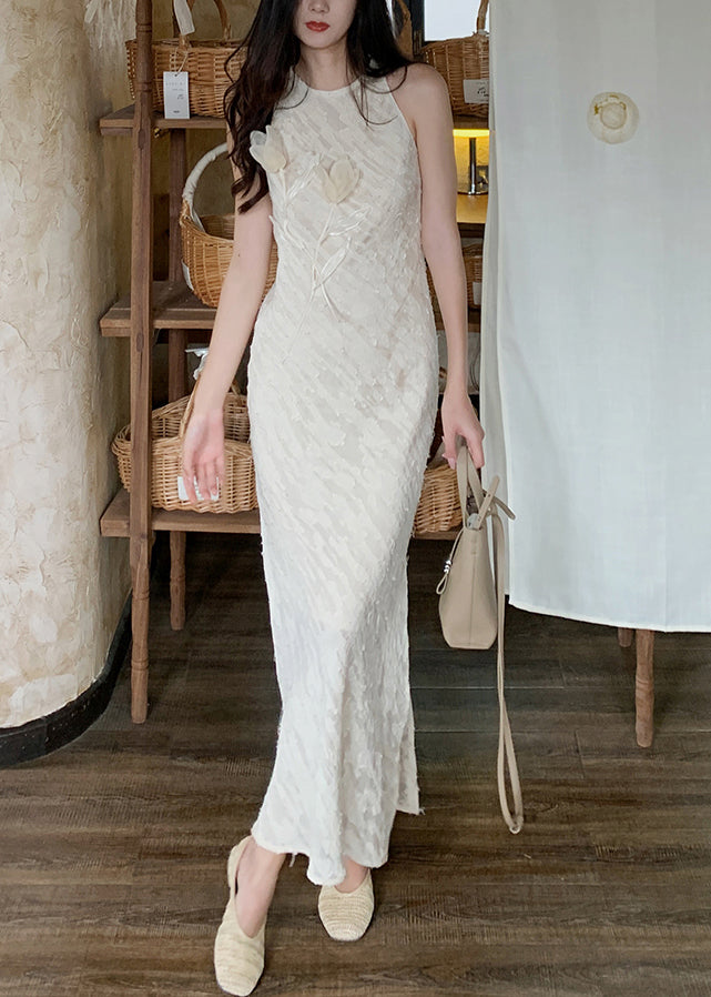 Beige O-neck Side Open Silk Long Dresses Sleeveless Summer