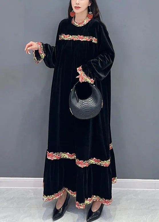 Black Patchwork Silk Velour Stand Collar Long Dress Spring