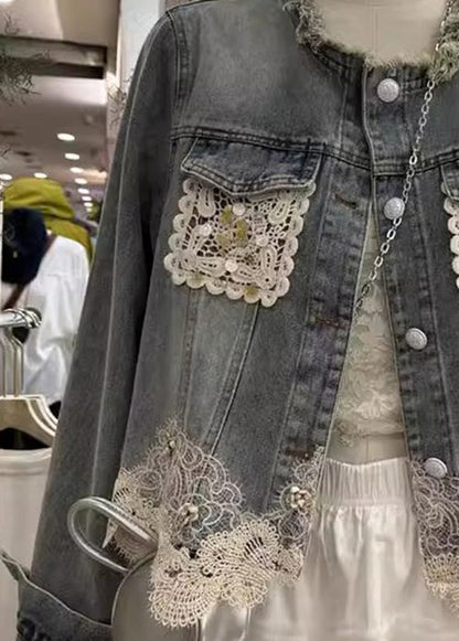 Unique Blue Tassel Lace Patchwork Denim Jacket Fall