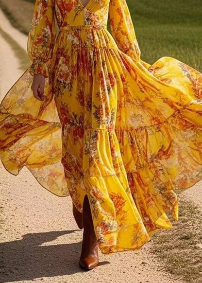 Yellow Patchwork Wrinkled Chiffon Maxi Dress Spring