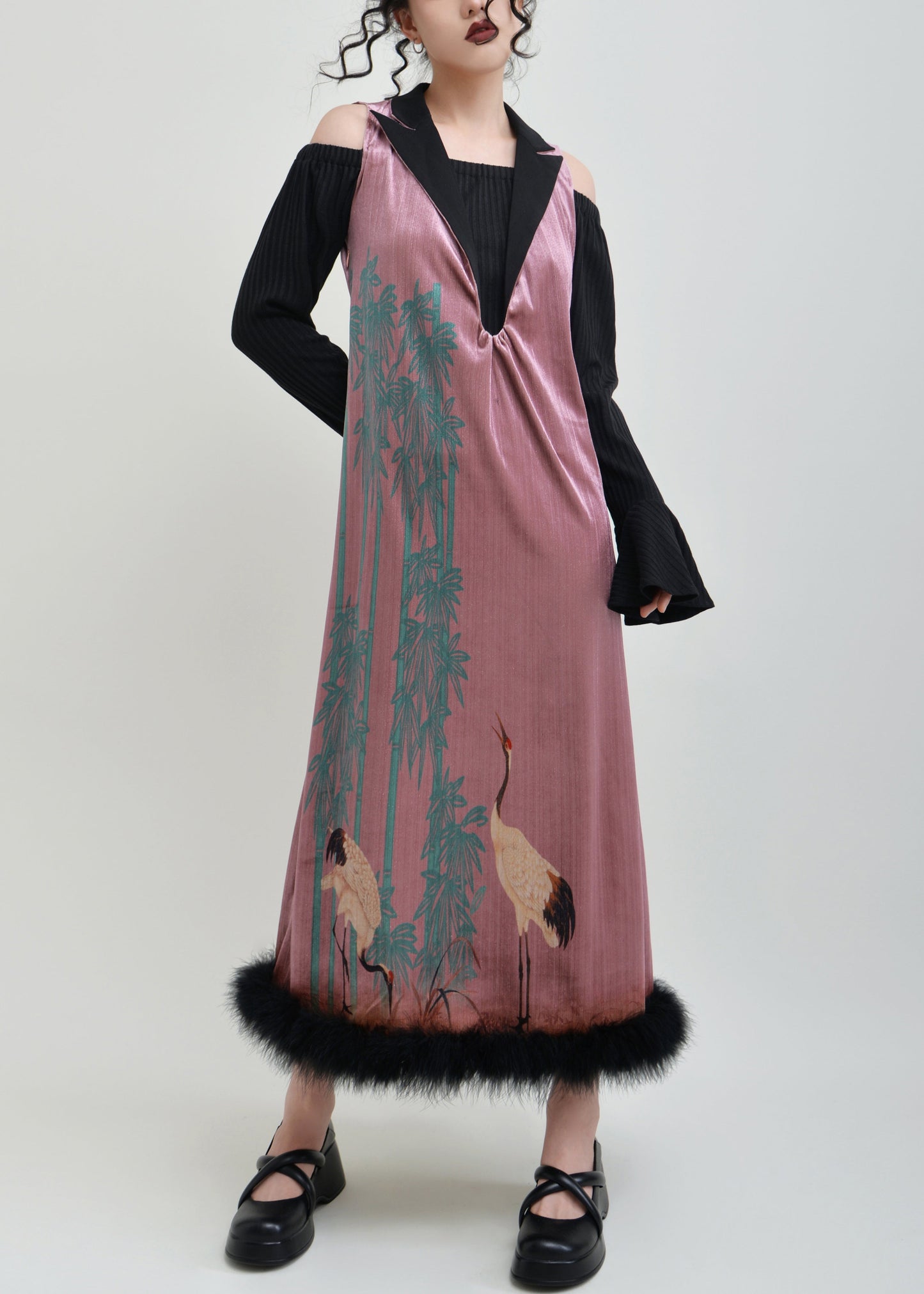 Pink Print False Two Pieces Patchwork Silk Velvet Dress Spring