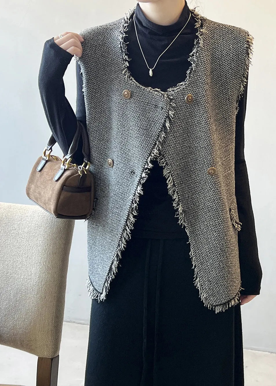 Grey Tasseled Double Breast Knit Vest Sleeveless