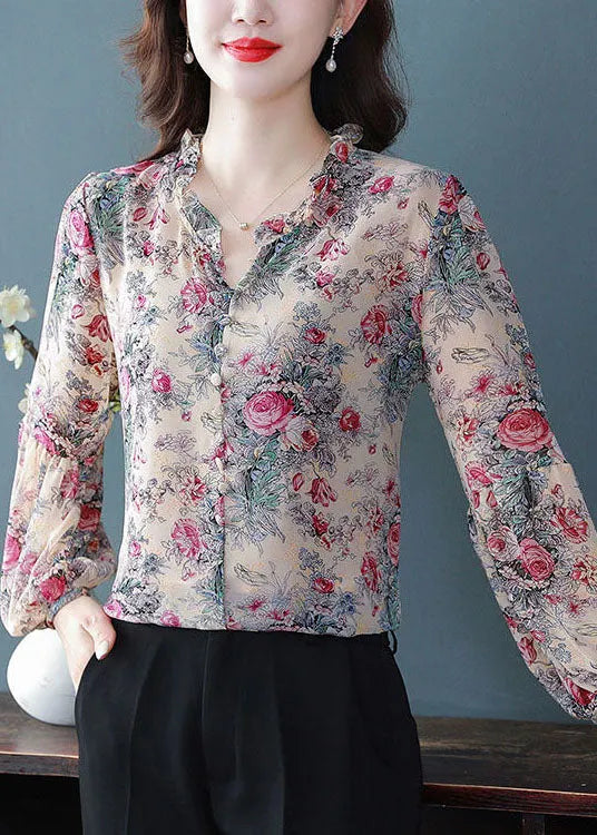 Purple Ruffled Print Chiffon Shirts Spring