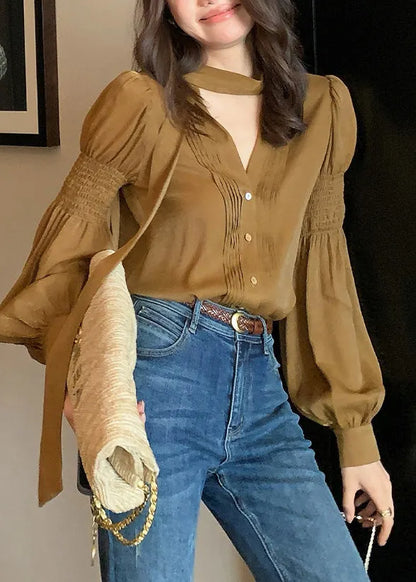 Style Khaki Neck Patchwork Wrinkled Silk Shirt Lantern Sleeve