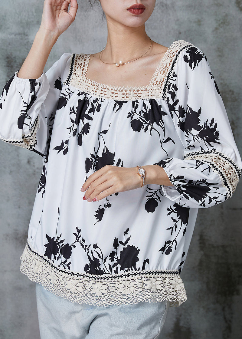 White Print Patchwork Lace Shirts Summer