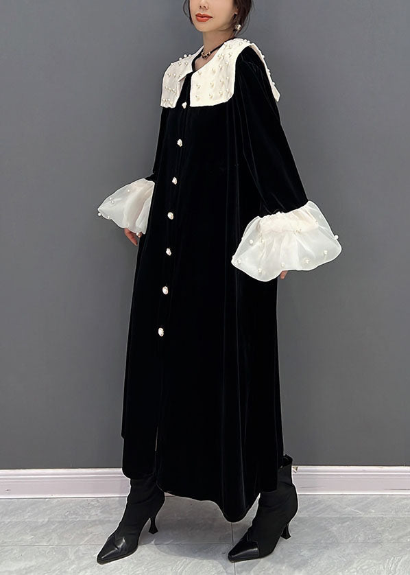 Black Peter Pan Collar Patchwork Nail Bead Silk Velour Dresses Spring