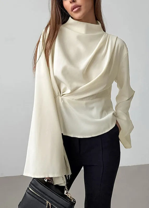 Beige Turtleneck Wrinkled Chiffon Shirt Fall