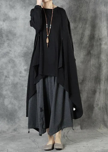 Black O-neck Asymmetrical Design Fall Top Long Sleeve