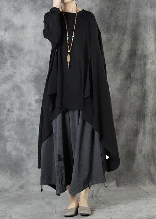 Black O-neck Asymmetrical Design Fall Top Long Sleeve