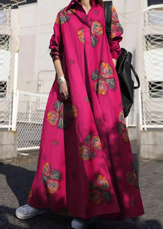Retro Print Lapel Loose Long Sleeve Maxi Shirt Dress With Pocket