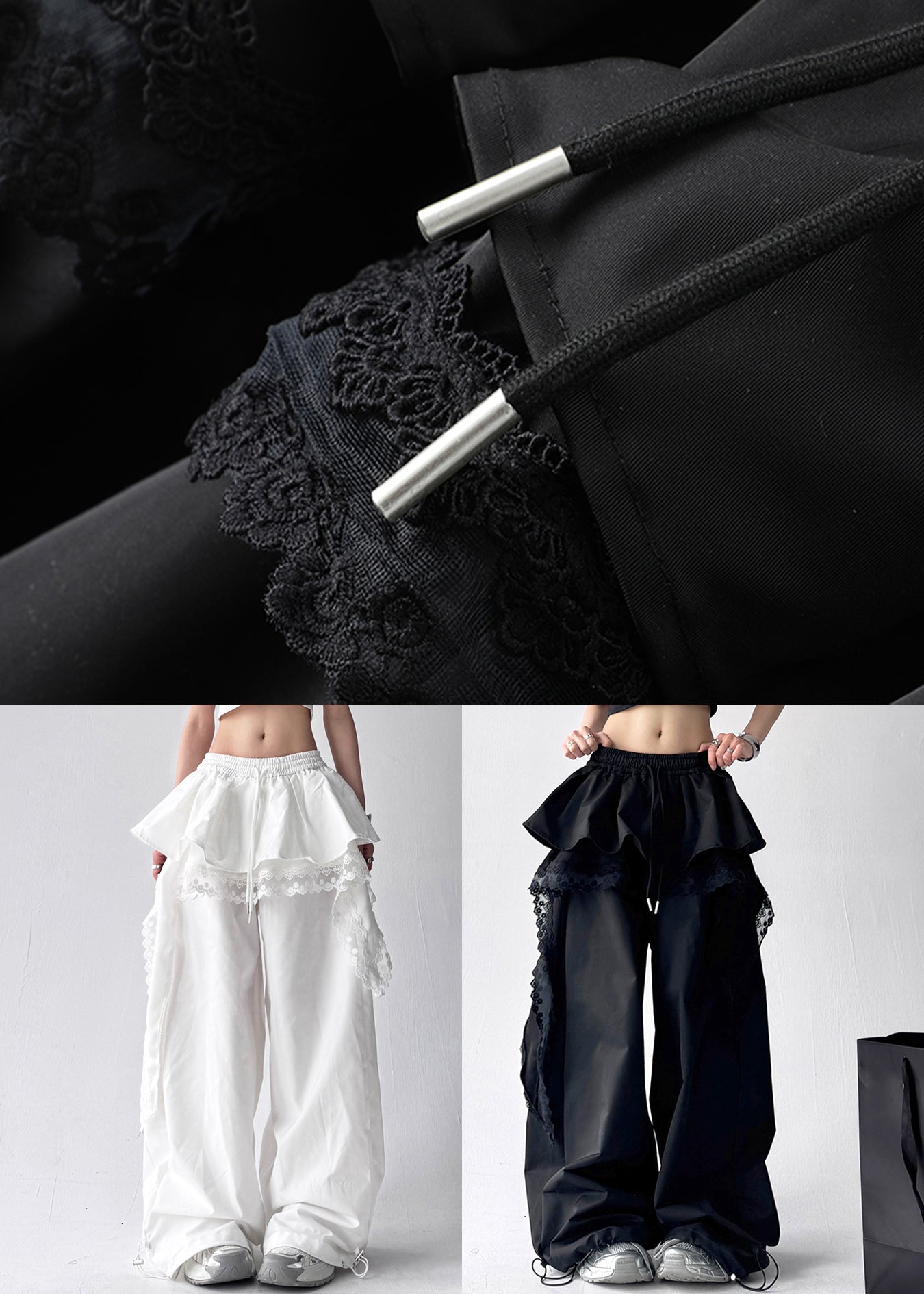 White Lace Elastic Waist Cotton Pants Layered