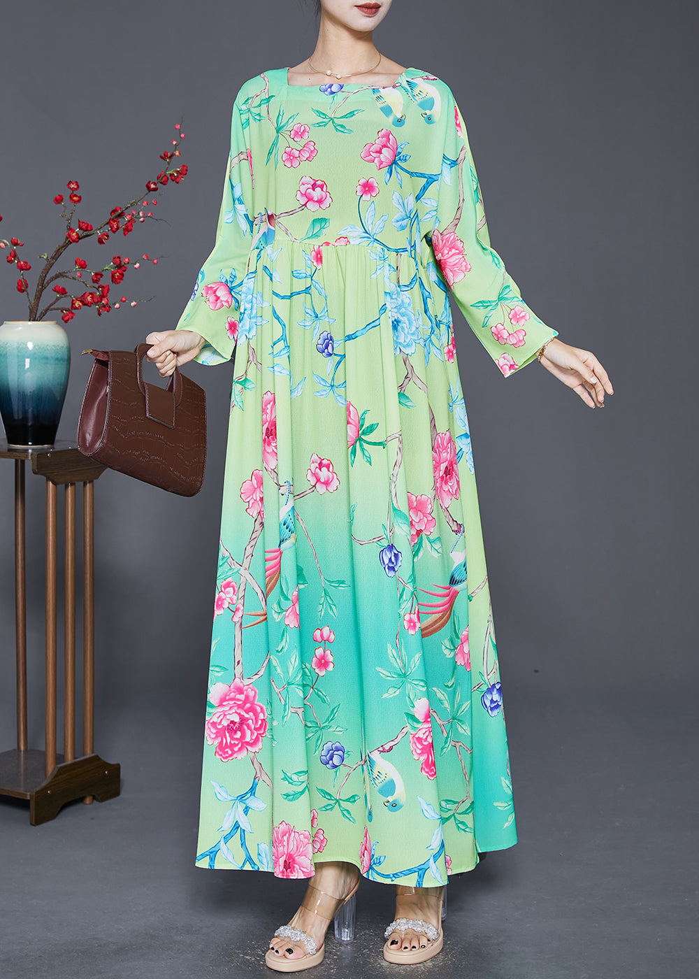 Green Square Collar Print Silk Holiday Dresses Fall