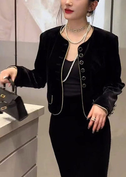 Diy Black O-neck Button Silk Velour Coats Fall