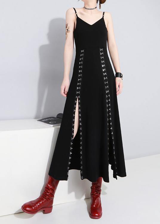 Art Black Summer Side Open Cotton Spaghetti Strap Dress