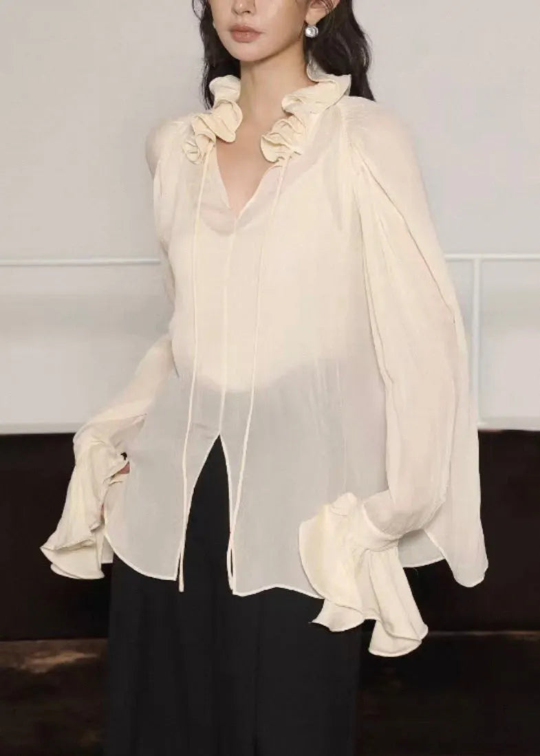 Beige Lace Up Side Open Silk Cotton Blouses Ruffled Flare Sleeve