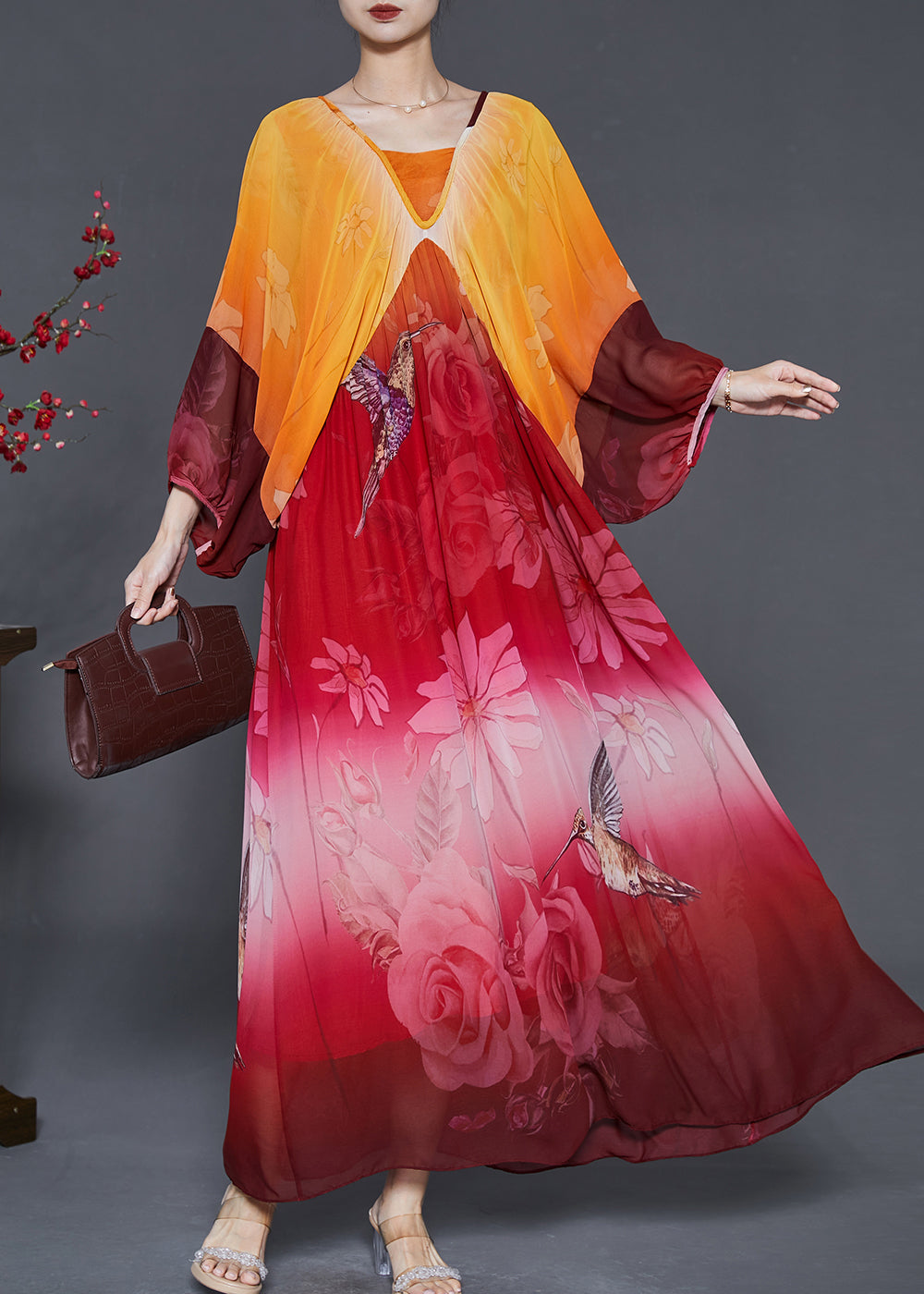 Orange Oversized Print Chiffon Holiday Dress Summer