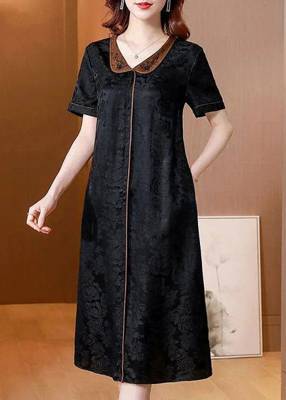 Handmade Black Peter Pan Collar Jacquard Silk Mid Dress Summer