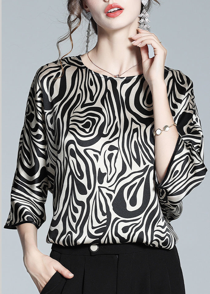 Loose Leopard O-neck Silk Tops Long Sleeve