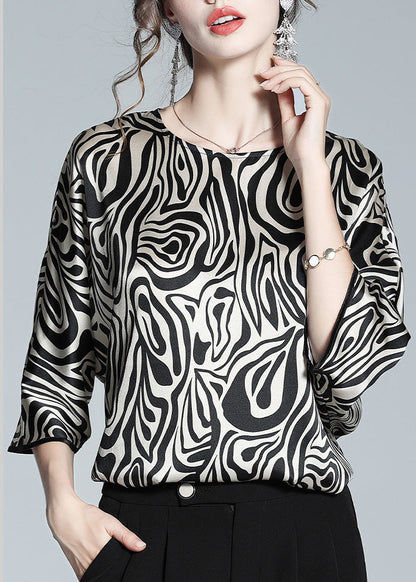 Loose Leopard O-neck Silk Tops Long Sleeve
