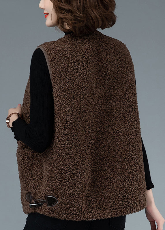 Coffee O-neck Drawstring Button Faux Fur Waistcoat Fall