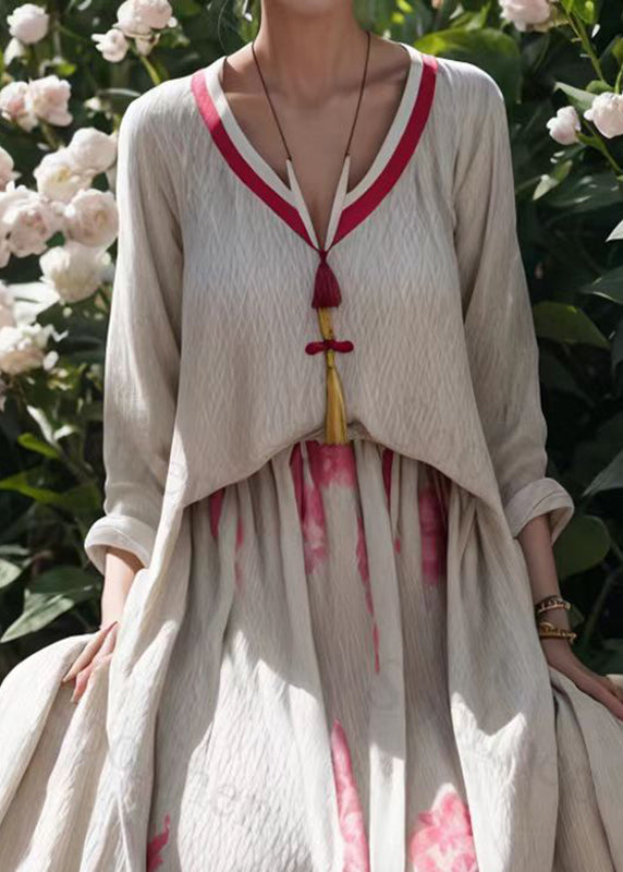 Apricot V Neck Print Wrinkled Silk Maxi Dresses Fall