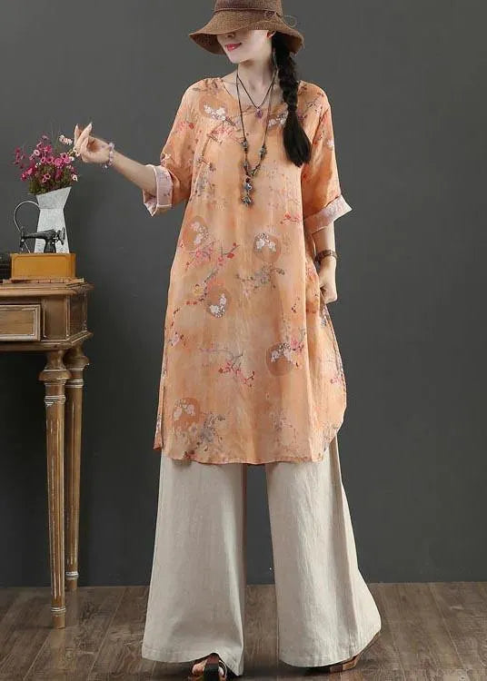 Orange Print Long Linen Top Summer