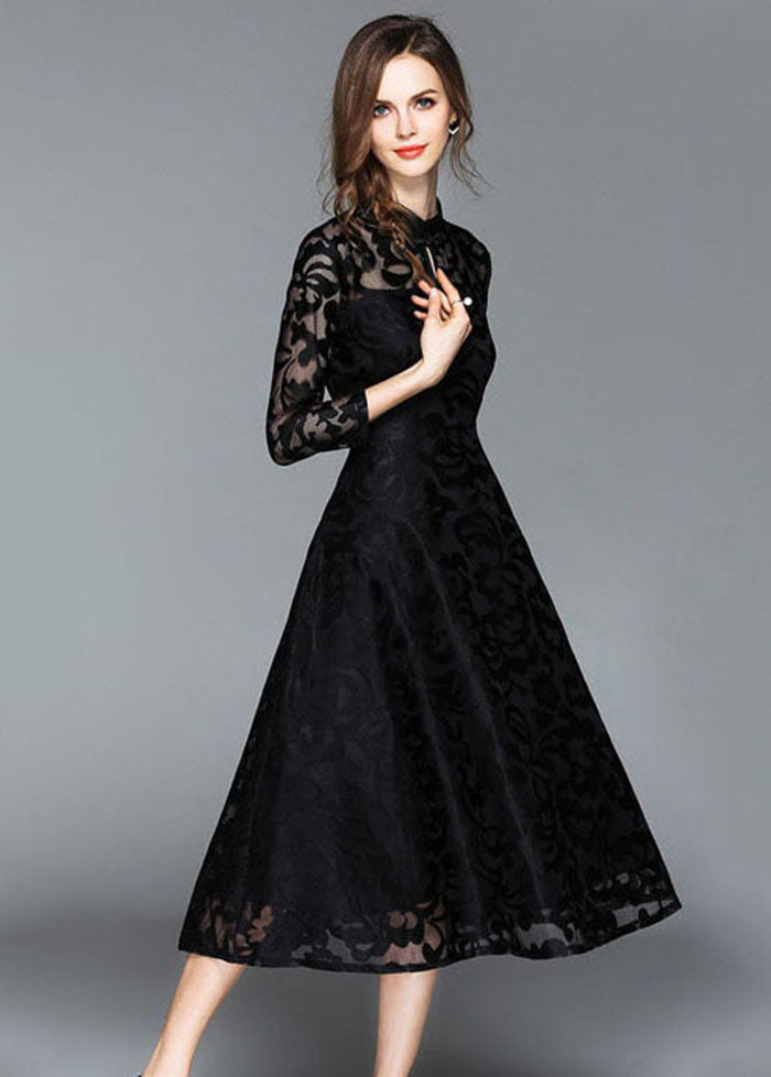Black Embroideried Lace Dress Stand Collar Fall