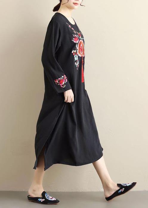 French Black Embroidery Quilting Dresses O Neck Tassel Kaftan Spring Dress