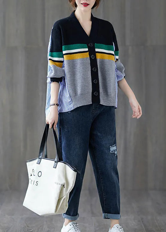 Black Patchwork Striped Button Asymmetrical Design Fall Knit Sweater