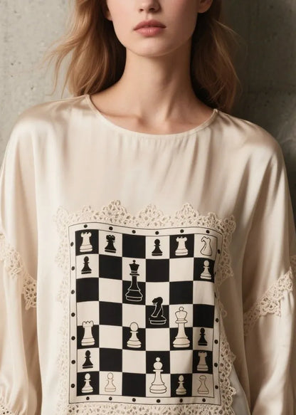 Style White Print Lace Patchwork Silk Top Bracelet Sleeve