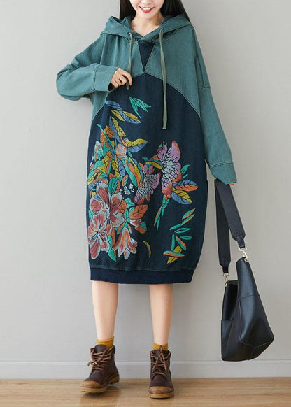 Blue Hooded Pockets Drawstring Print Fall Sweatshirts Dress