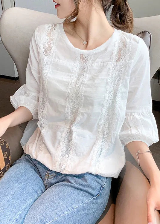 White Hollow Out Patchwork Cotton Shirt Lantern Sleeve