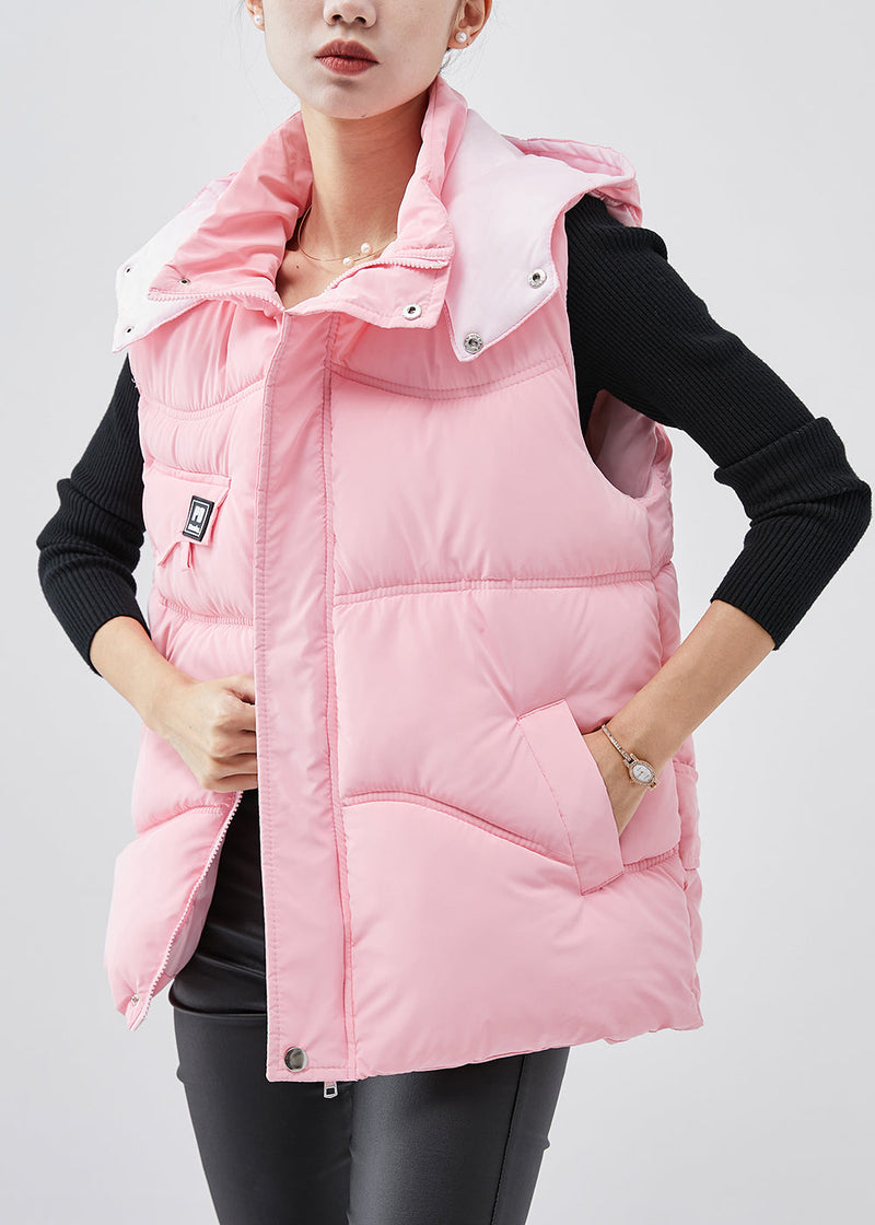 Pink Hooded Warm Fine Cotton Filled Puffers Vests Winter