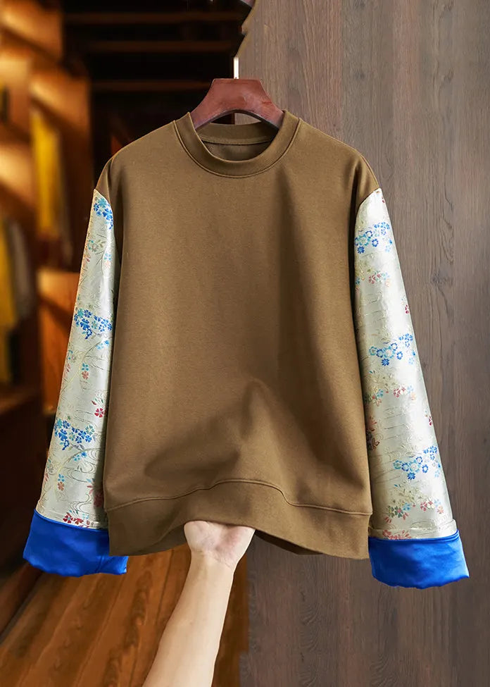 Loose Green O Neck Print Patchwork Cotton Top Fall