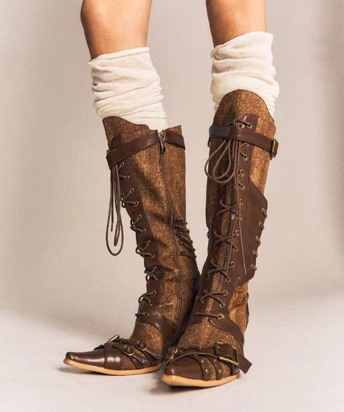 European and American New Brown Strap Zipper Western Cowboy Boots