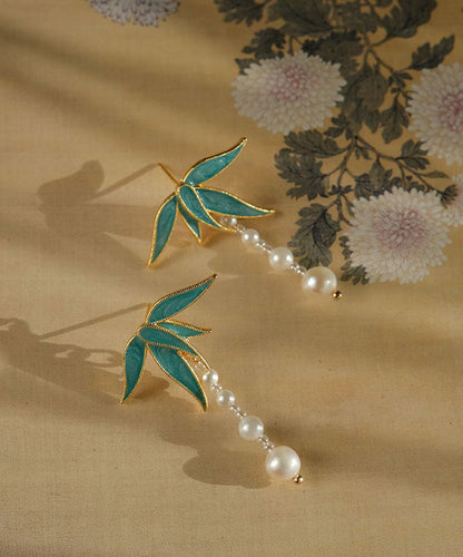 Blue Alloy Pearl Drip Glaze Bamboo Leaf Tassel Drop Earrings