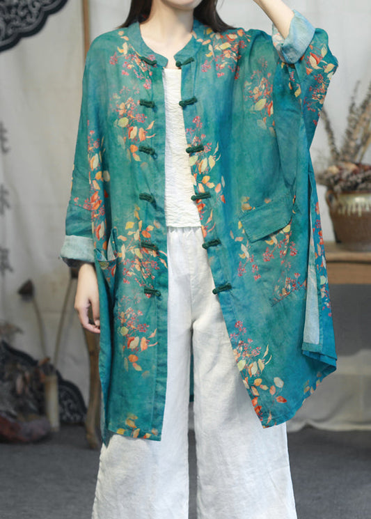 Purple Stand Collar Print Side Open Linen Coats Long Sleeve