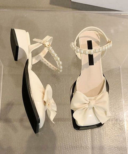 Nail Bead Bow Splicing Chunky Sandals Beige Faux Leather