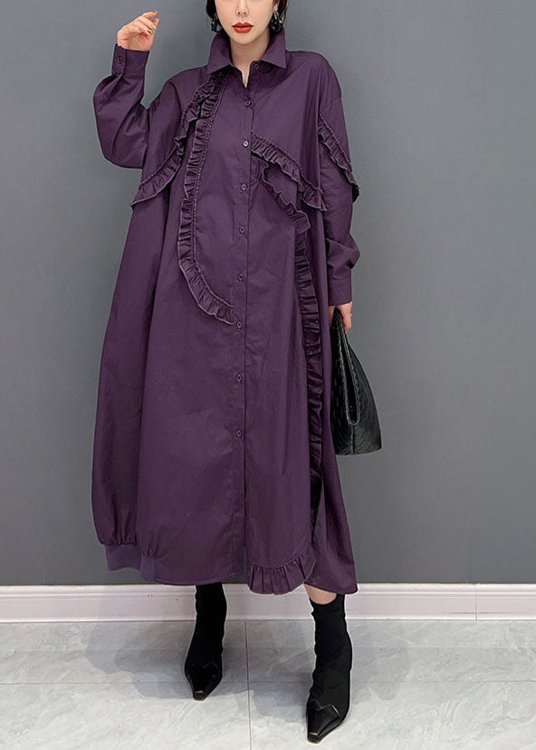 Purple Peter Pan Collar Ruffled Cotton Long Dress Spring