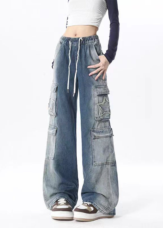 Blue Gradient Pockets Drawstring Elastic Waist Denim Pants Spring