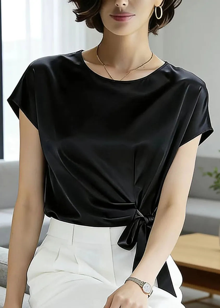 Simple Style Black O Neck Lace Up Silk Tops Summer