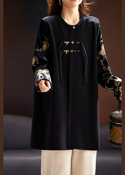 New Black O-neck Embroideried Silk Velour Patchwork Top Long Sleeve
