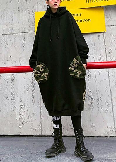 Classy Hooded Pockets Spring Clothes for Neckline Black Robe Dresses