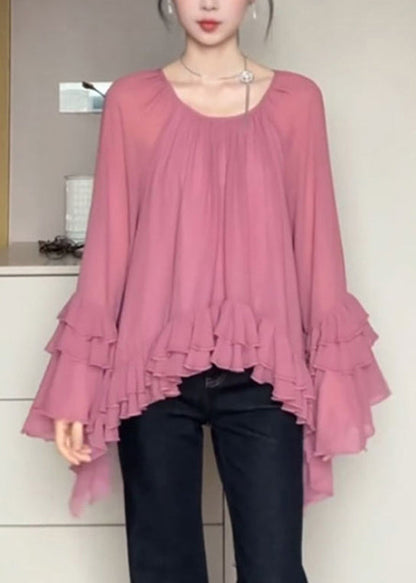 French Pink O-neck Ruffled Patchwork Chiffon Shirts Flare Sleeve