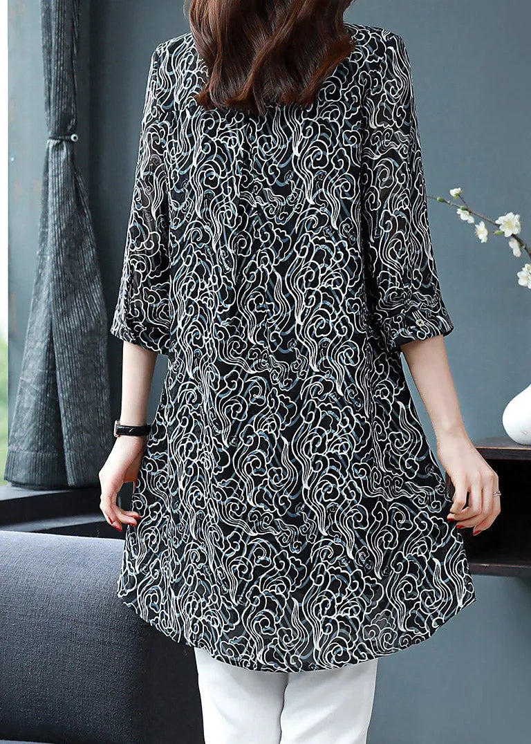 Black Peter Pan Collar Button Print Chiffon Shirt Tops Spring